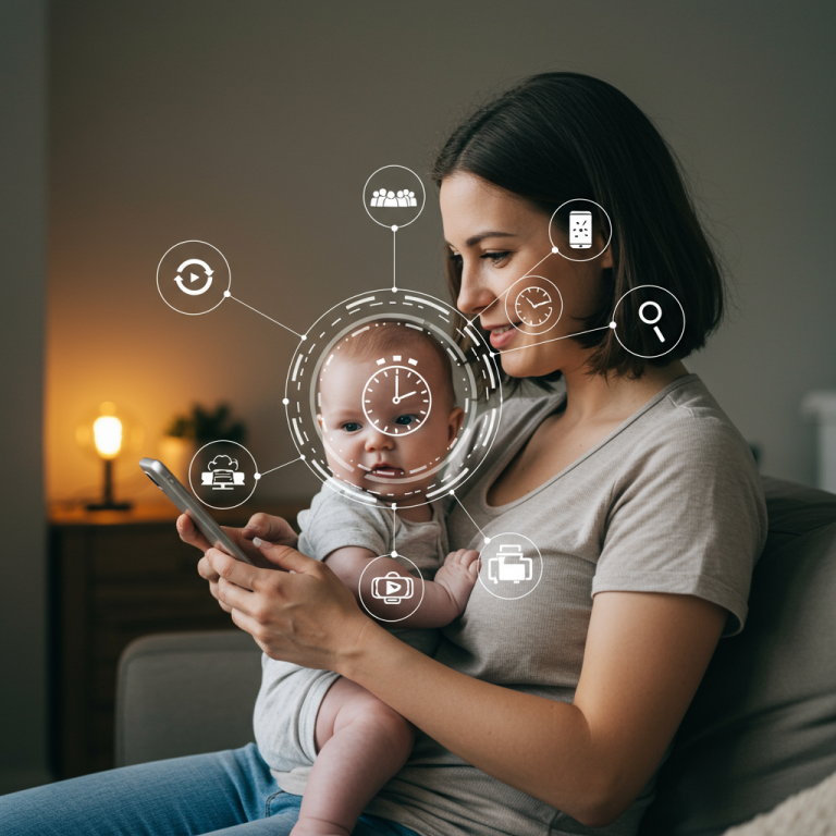 אמא צעירה מחזיקה תינוק תוך שימוש בטלפון חכם, מוקפת באייקונים דיגיטליים של אפליקציות לניהול זמן וארגון משפחה, בסביבה ביתית חמה ונעימה, המסמלת איזון בין אמהות לכלים דיגיטליים.
