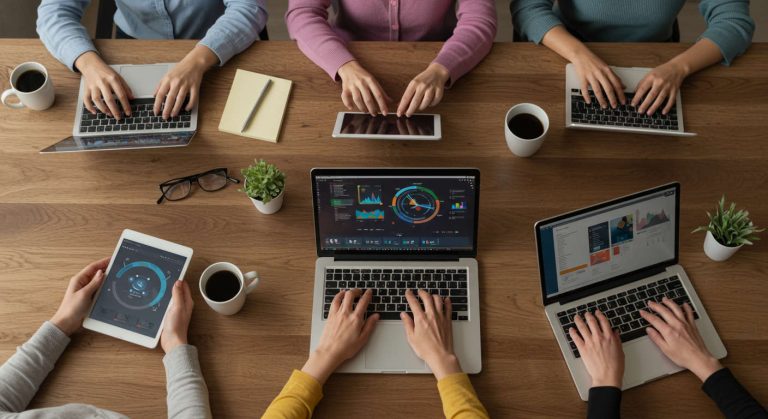 אמהות יזמיות מגוונות עובדות בסביבה מודרנית, מנהלות את זמנן ביעילות באווירה רגועה ומאוזנת, המסמלת איזון בין עבודה לחיים פרטיים וניהול זמן חכם עם כלים מבוססי בינה מלאכותית.