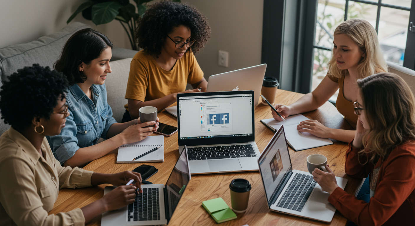 מפגש קהילתי חם ומעצים של אמהות יזמיות בפייסבוק, נשים מגוונות עם לפטופים וקפה באווירה נעימה ומעוררת השראה