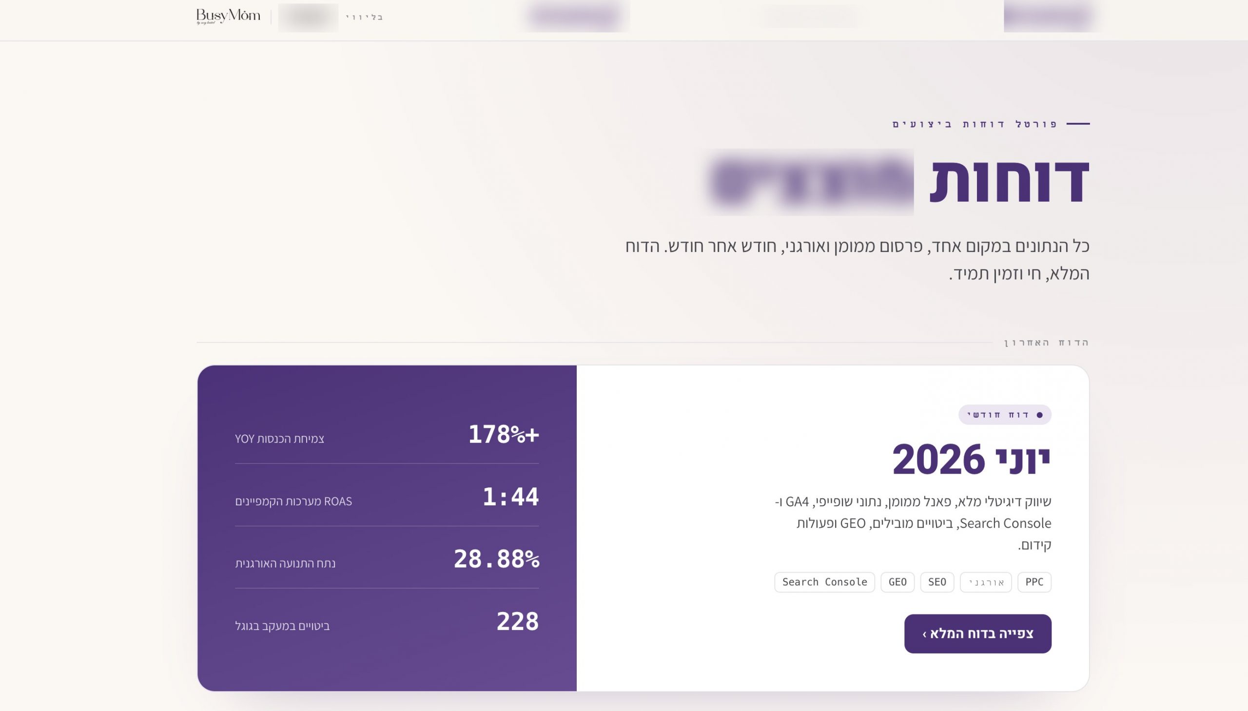 דשבורד לקוח חי שנוי קייטל בנתה: צמיחת הכנסות, ROAS, נתח תנועה אורגנית וביטויים במעקב בגוגל